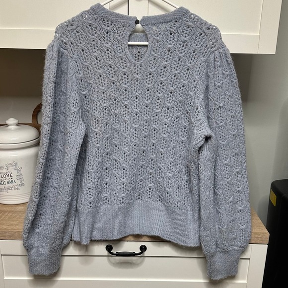 J. Crew Balloon Sleeve Cable Knit Sweater Dusty Blue Alpaca Wool Blend Preppy L - Picture 2 of 9